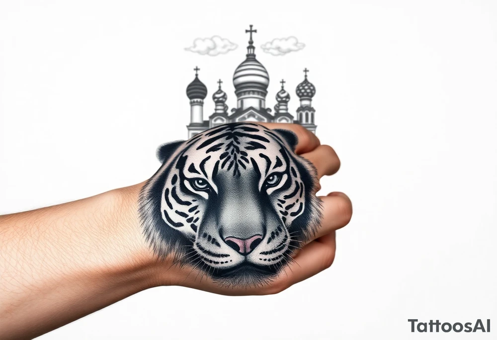 Realistic tiger face on the back of the hand with strong contrast and fine detail with all black eyes. then a highly detailed Russian Orthodox cathedral sitting above on the top fore arm with onion domes and orthodox crosses, done in fine line, engraving-like style. Cohesive composition, black ink only, no color, high contrast, slightly aged, documentary-style, plain light background. with clouds above and a virgin mary tattoo idea