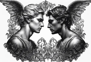 Here is the image of the angel and the devil gazing at each other, with the mirror-like effect transforming the angel into the devil. I hope it captures the concept you envisioned! tattoo idea