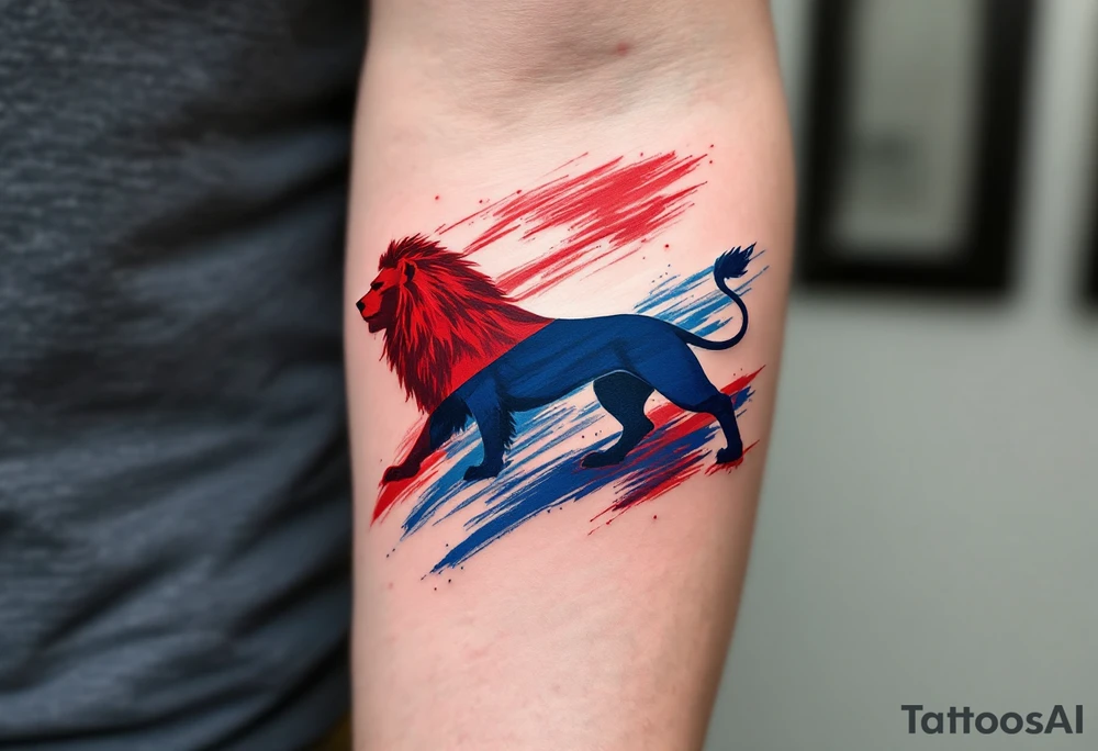 A silhouette of a Czech lion within a waving Czech flag, with red and blue brush strokes adding movement and energy. tattoo idea