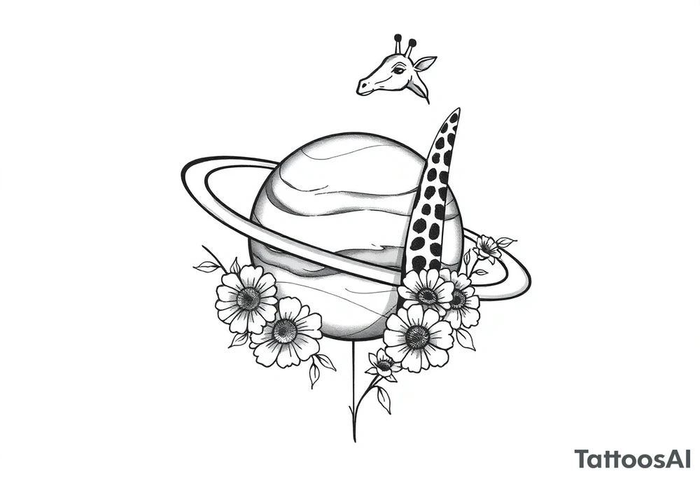 Saturn with a giraffe and marigold flowers tattoo idea