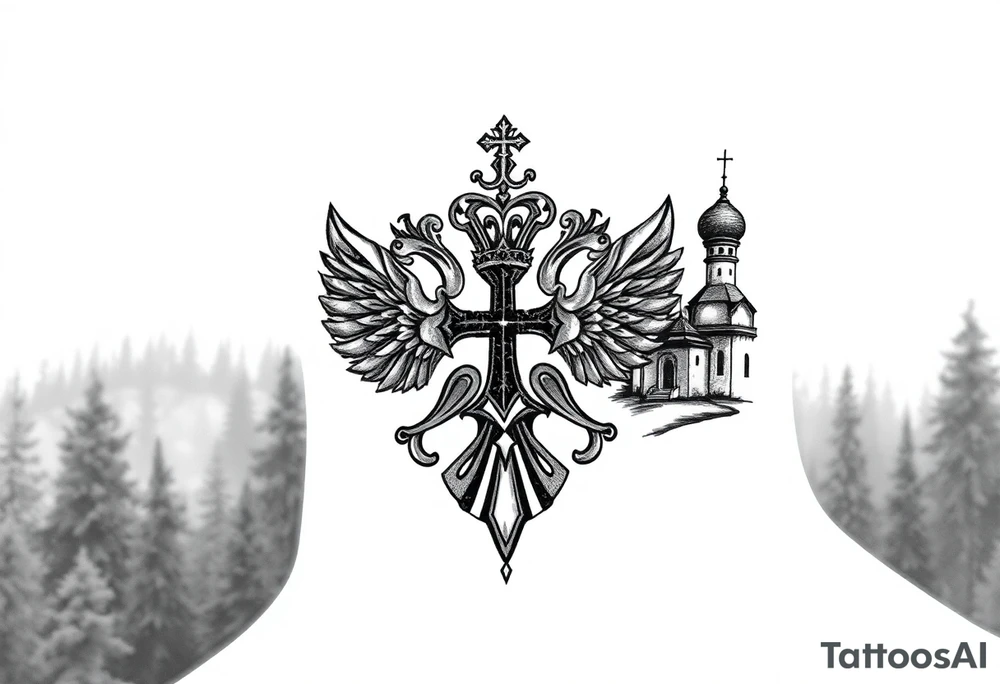 russian coat arms in a russian christian orthodox cross with the cross in the middle with a virgin mary & orthodox dome church on the side of the neck in a wilderness setting tattoo idea