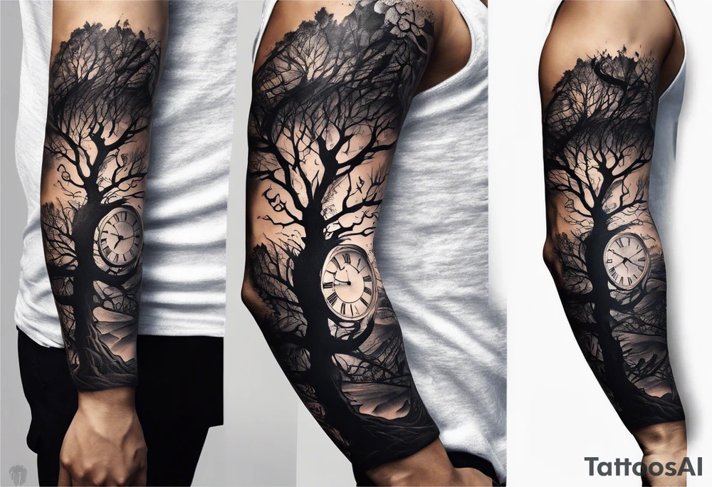 tattoo sleeve, tree roots break out of the chains at the bottom of the hand, Symbolizing loss, an image of a broken mask, Clock with flying numbers, tattoo idea