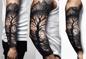 tattoo sleeve, tree roots break out of the chains at the bottom of the hand, Symbolizing loss, an image of a broken mask, Clock with flying numbers, tattoo idea