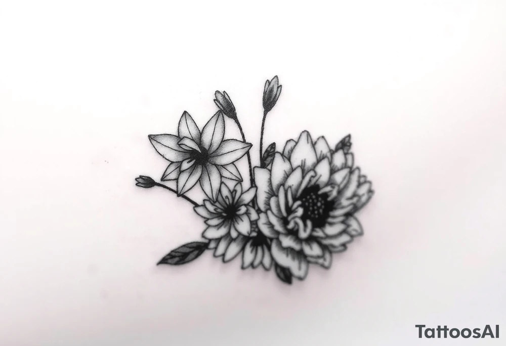 small daffodils, jonquils, chrysanthemum and peony in a bouquet tattoo idea