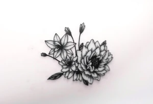 small daffodils, jonquils, chrysanthemum and peony in a bouquet tattoo idea