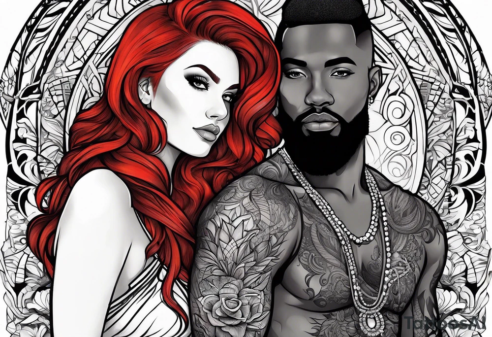 Busty red hair woman with bearded black hair man tattoo idea