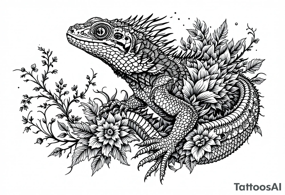 powerful majestic iguan, surrounded by floral ornaments tattoo idea
