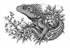 powerful majestic iguan, surrounded by floral ornaments tattoo idea
