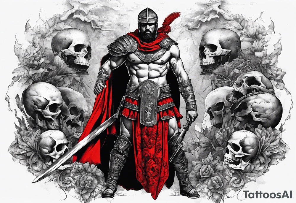Black and white full body of gladiator, with red clothes, red blood around, skulls and skeletons in the background and on the ground tattoo idea