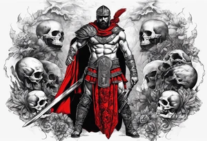 Black and white full body of gladiator, with red clothes, red blood around, skulls and skeletons in the background and on the ground tattoo idea