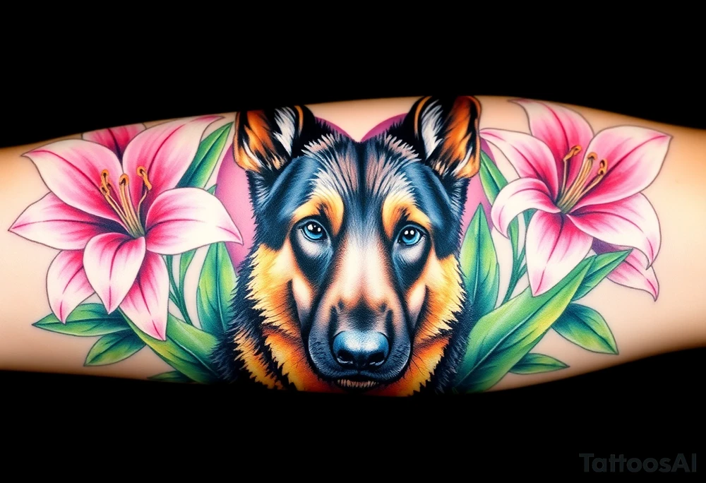 strong short haired german shepherd with alert ears surrounded by pink lilies with large leaves in front of a sacred heart tattoo idea
