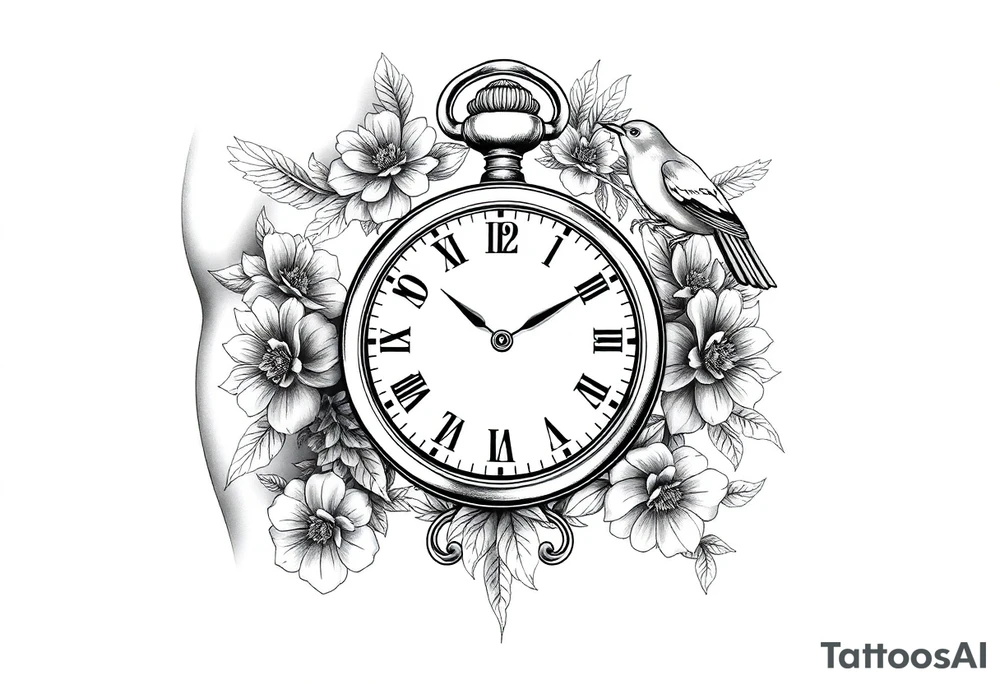 Pocket watch , surrounded by floral ornaments and birds, name spaces tattoo idea