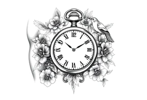 Pocket watch , surrounded by floral ornaments and birds, name spaces tattoo idea