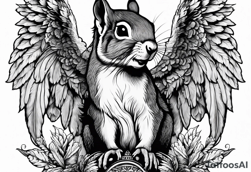 Squirrel with angel wings holding an acorn tattoo idea