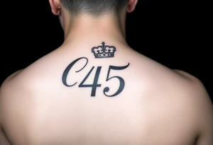 Capital G in handwritten script with a crown tilted to the left covering up the number 45 underneath on the right shoulder tattoo idea