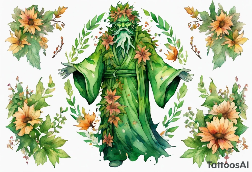 greenman covered in flowers and leaves wearing a long robe tattoo idea
