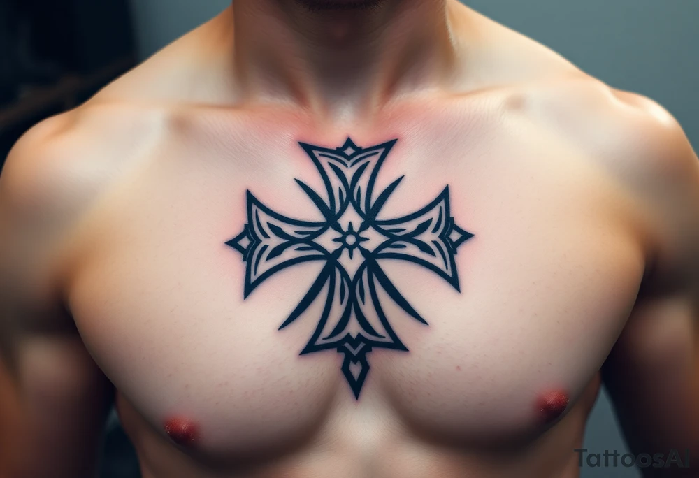 A tribal-styled Maltese cross in bold black ink, with sharp edges and symmetrical patterns tattoo idea