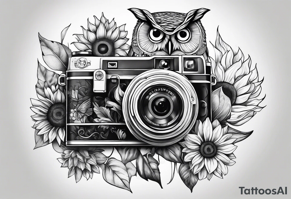 sunflower, camera, fish, owl tattoo idea