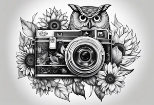sunflower, camera, fish, owl tattoo idea
