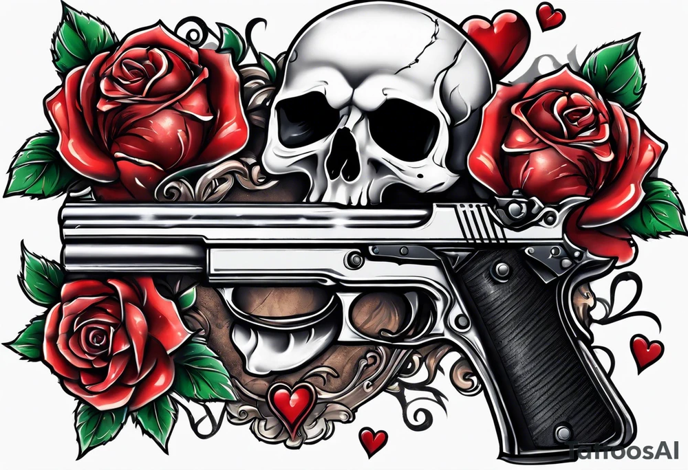 skull with a gun a  rose and a heart tattoo idea