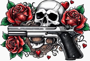 skull with a gun a  rose and a heart tattoo idea