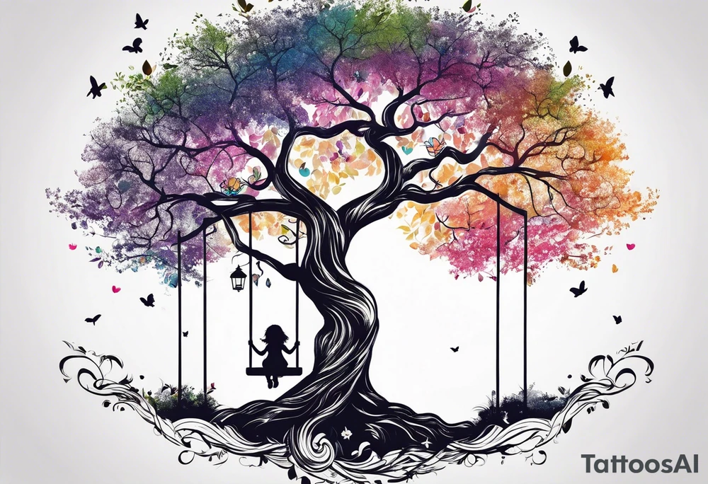 little girl swinging under a tree of life tattoo idea