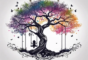 little girl swinging under a tree of life tattoo idea