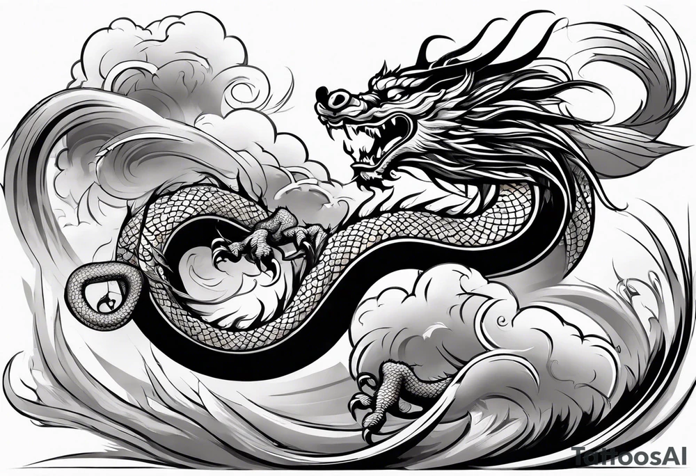 Create a detailed sketch of a Chinese dragon tattoo. The dragon should be depicted in a dynamic, serpentine pose, with its body coiled and flowing gracefully. Emphasize its ornate features: long, sinuous body covered in intricate scales, powerful claws, and a fierce, expressive face with prominent whiskers and a beard. Include traditional Chinese elements like clouds or waves to enhance the composition. Use clean lines and bold shading to ensure the design is suitable for a tattoo, with a focus on capturing the dragon's majestic and mythical qualities tattoo idea