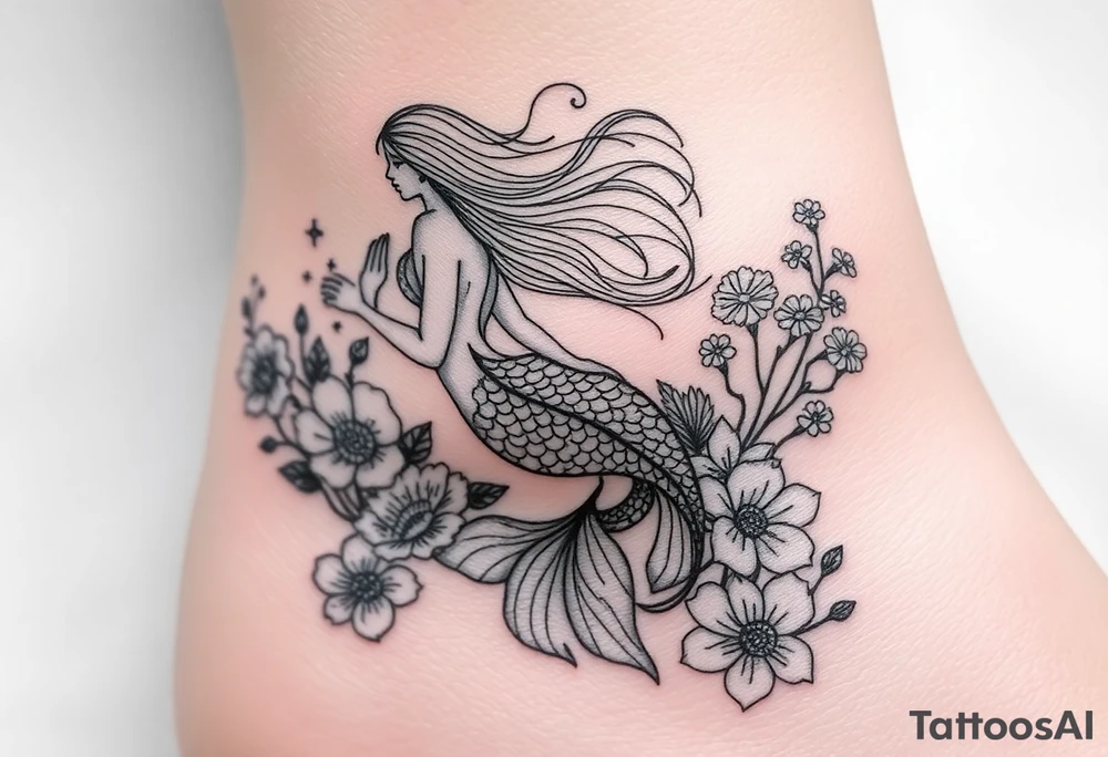 ethereal mermaid with flowing hair among coral and sea flowers tattoo idea