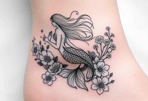 ethereal mermaid with flowing hair among coral and sea flowers tattoo idea