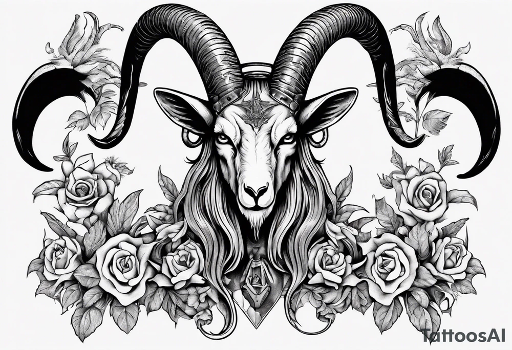 Baphomet full sleeve high contrast human like goat friendly but strong no flowers tattoo idea