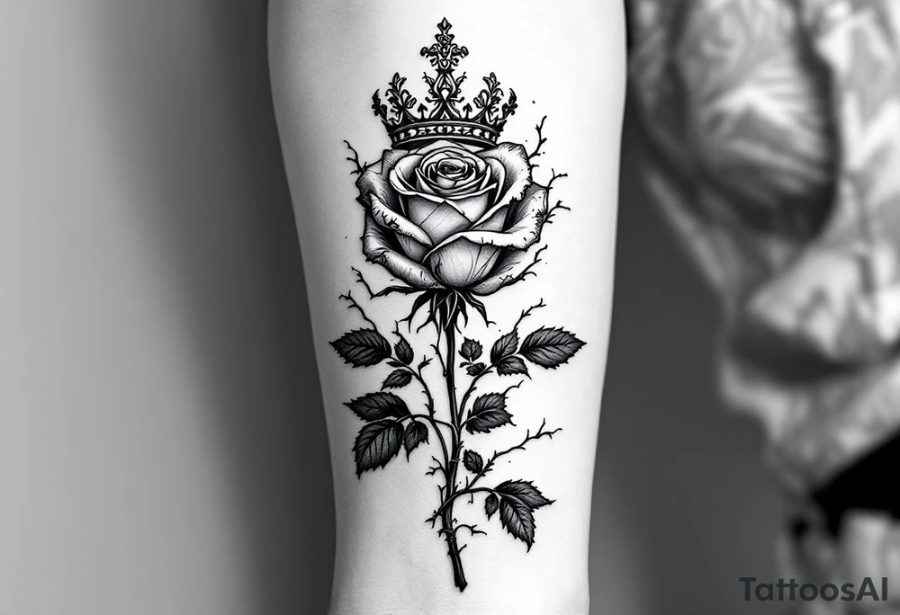Single rose with 1982 as the stem if the rose with queen if heaetz and crown around or on top of rose with vines and thorns on top of arm tattoo idea