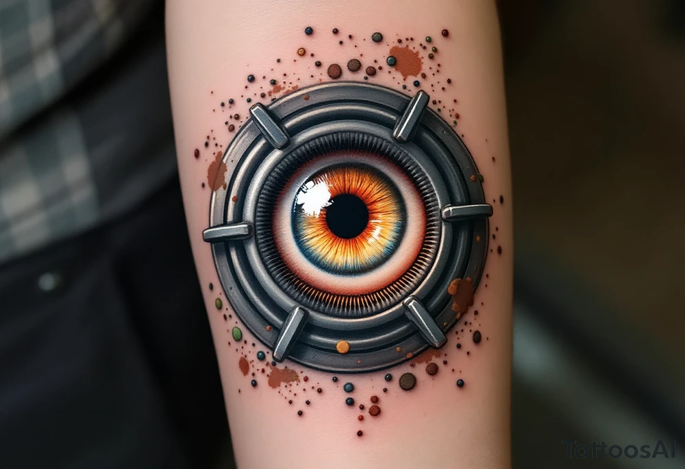 A kitchen eye tattoo features a realistic human eye nestled within the circular burner of a vintage stovetop, with metallic gray coils spiraling outward and the iris glowing a fiery orange-red as if lit from within, framed by subtle steam and tiny food splatters in soft pastel greens and browns for a surreal culinary twist. tattoo idea