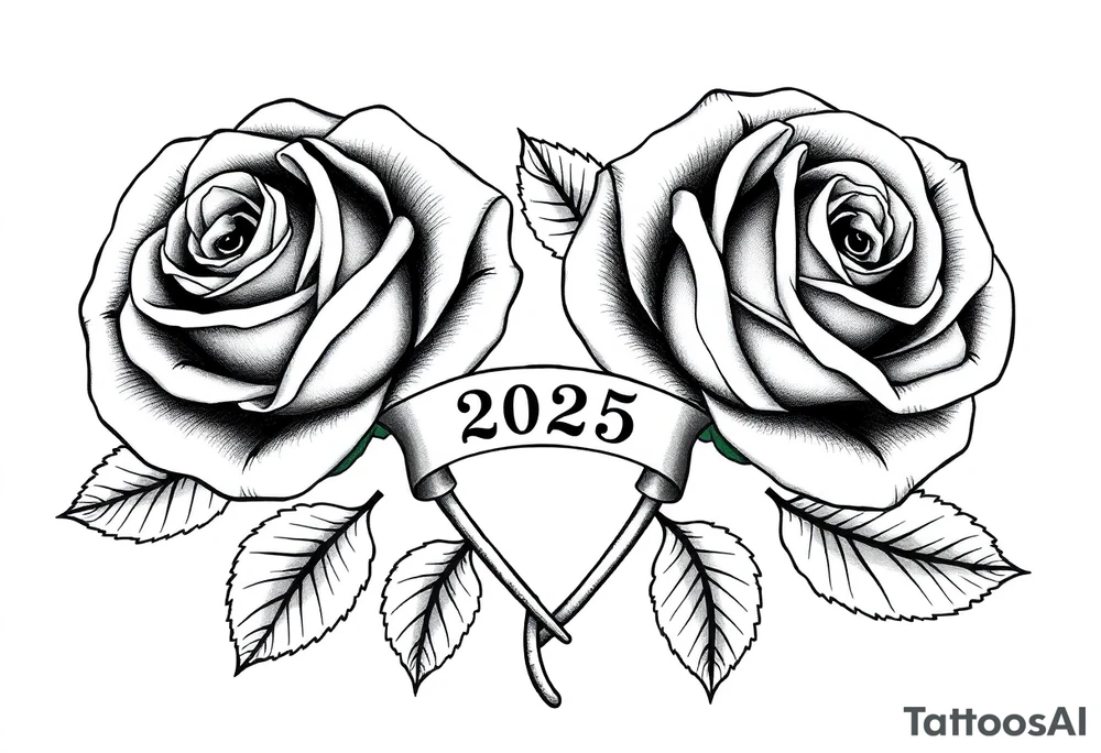 two big beautiful roses with leaves and separated by their intertwined stems, with a small banner with the year "2025" on it, tying them together.  Add the following word "Rose" written in Kanji above the drawing. tattoo idea