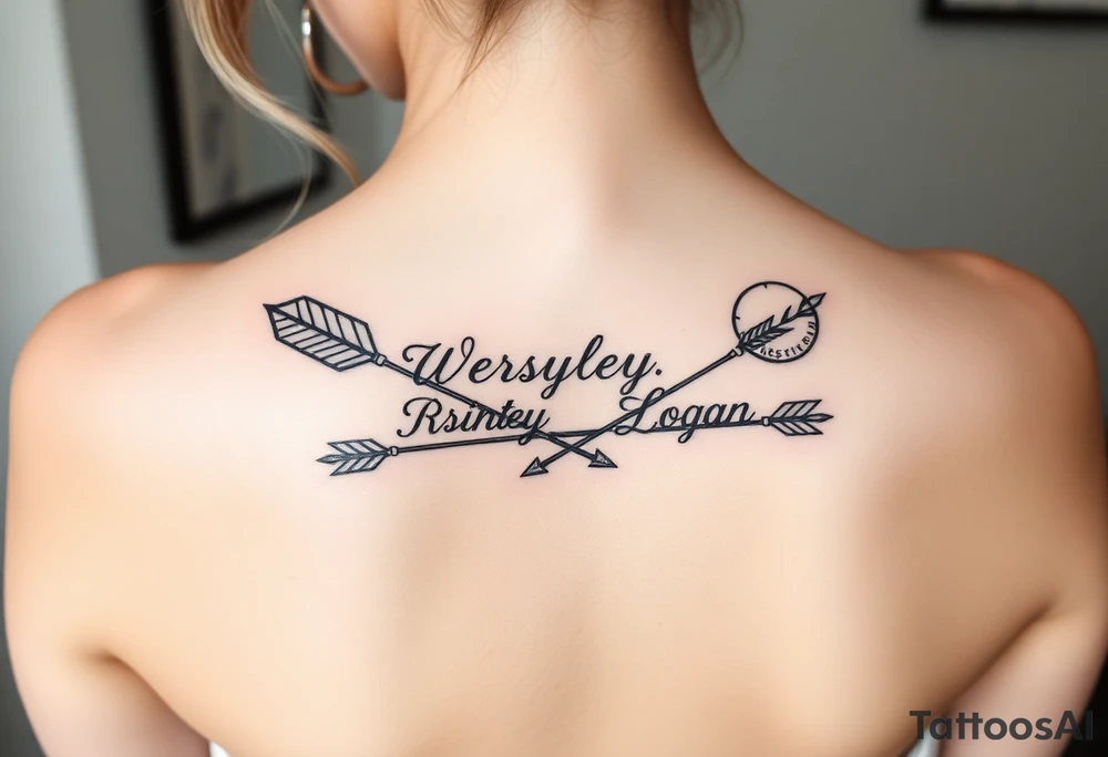 Name tattoo with Wesley, Brantley, Logan with entwined arrows and moons tattoo idea