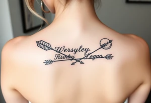 Name tattoo with Wesley, Brantley, Logan with entwined arrows and moons tattoo idea