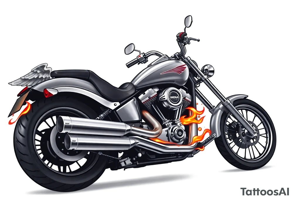 Low rider grey motorcycle, big muffler pipes with flames, angel wings, driving away, no person tattoo idea