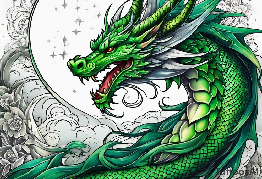 Moon fairy green dragon tattoo idea