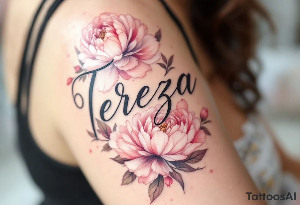 Elegant script of "Tereza" with her birth date 12.3.2020 v 15:45 framed by soft pastel pink peonies tattoo idea