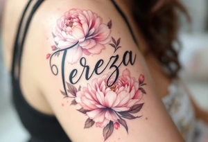 Elegant script of "Tereza" with her birth date 12.3.2020 v 15:45 framed by soft pastel pink peonies tattoo idea
