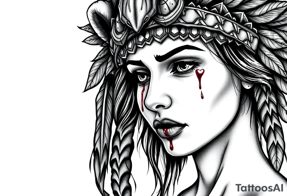 Beautiful Womans shedding a tear, with battle scars and blood on face, wearing a mean looking bear headdress on head tattoo idea