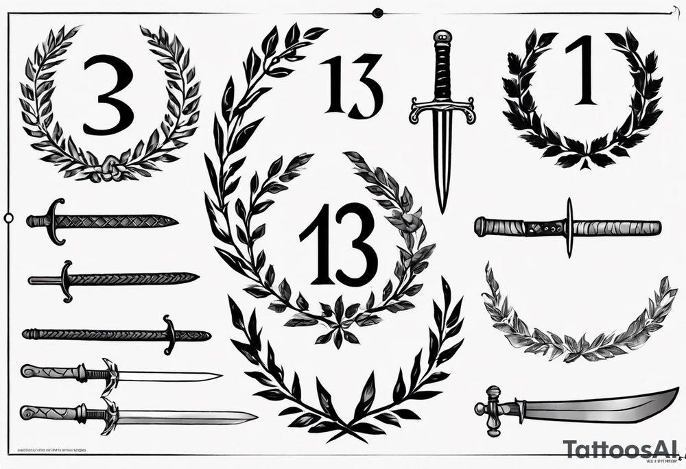 number 13, a laurel leaf wreath, and a Scottish sword tattoo idea number 13, a laurel leaf wreath, and a Scottish sword tattoo idea