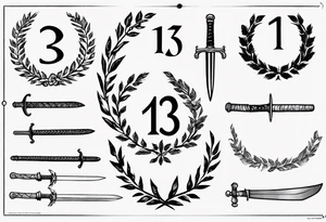 number 13, a laurel leaf wreath, and a Scottish sword tattoo idea