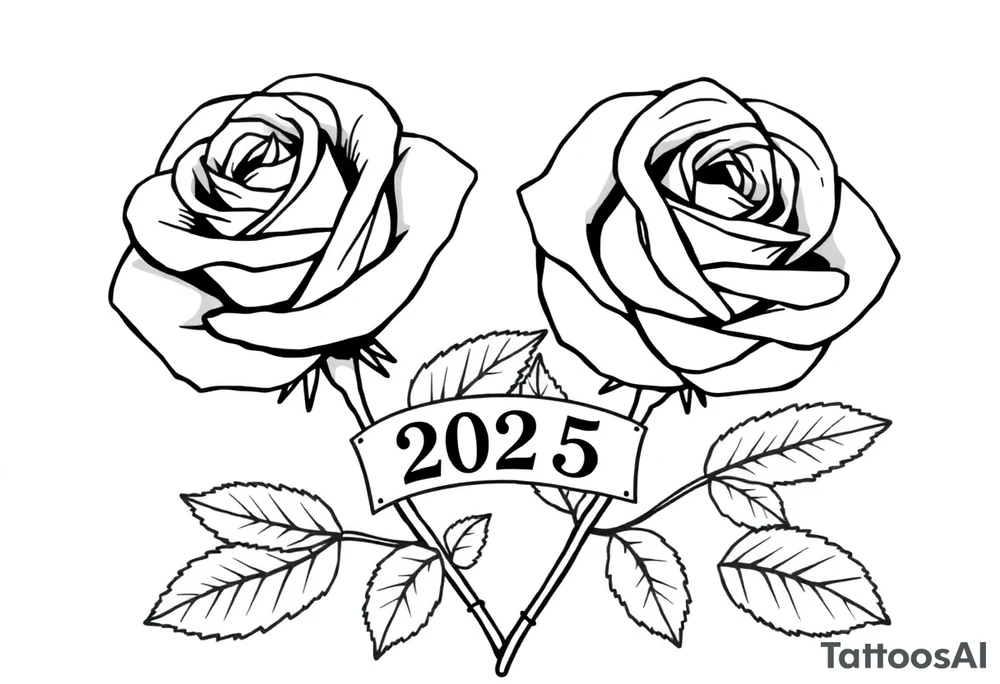 two beautiful large rose buds, one larger than the other, with many leaves next to the rose buds, with one sitting slightly higher than the other, side-by-side.  Include a banner connecting the two roses with the year 2025 on it.   Use dark outlines with little shading. No stems tattoo idea