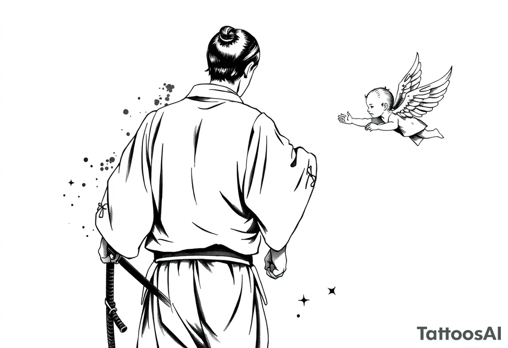 Blackwork tattoo illustration of a samurai walking forward, seen from behind. The samurai wears a traditional kimono and hakama, holding two long katanas in a relaxed but ready pose. To his right, a small child angel with detailed feathered wings floats in the air, gently reaching toward him with an outstretched hand. Strong contrast, dynamic ink splatters, sumi-e brush stroke effects, minimalist white background, dramatic lighting, emotional and symbolic composition, high-detail linework tattoo idea