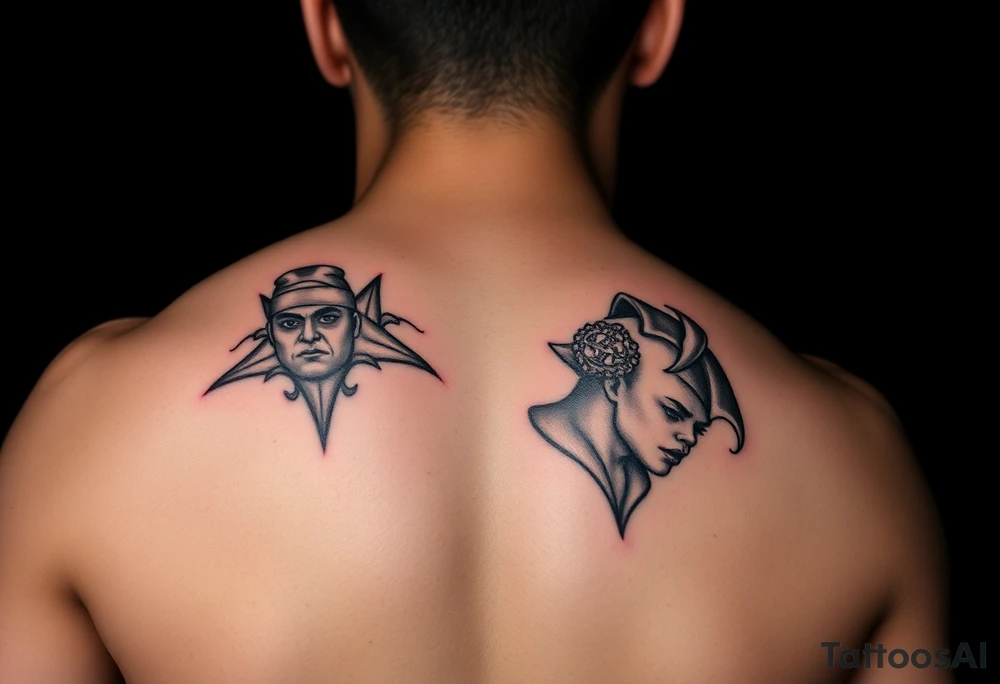 i need tatoo of merab(the machine) and ilia(el matador) ufc fighters
, i need machine as person form with papakha(headgear on first photo) and second person something related to el matador, black tattoo style, it will be placed on stomach
i need caricatural figures(whole person whole body) of machine with papakha hat and something related to el matador tattoo idea