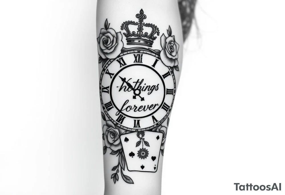 Roman clock with roses and a crown,  a quote that says nothings forever. and on the bottom a deck of cards tattoo idea