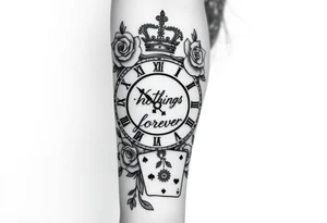Roman clock with roses and a crown,  a quote that says nothings forever. and on the bottom a deck of cards tattoo idea