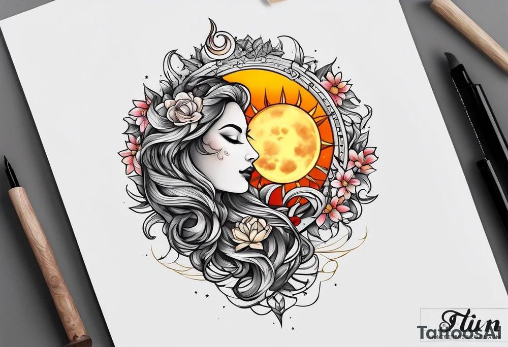 Twin flame with moon and sun tattoo idea