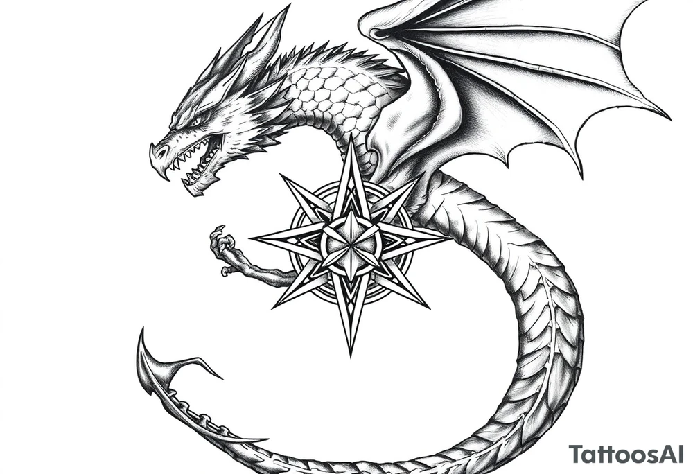 Masculine beautiful realistic detailed dragon holding celtic star tattoo idea